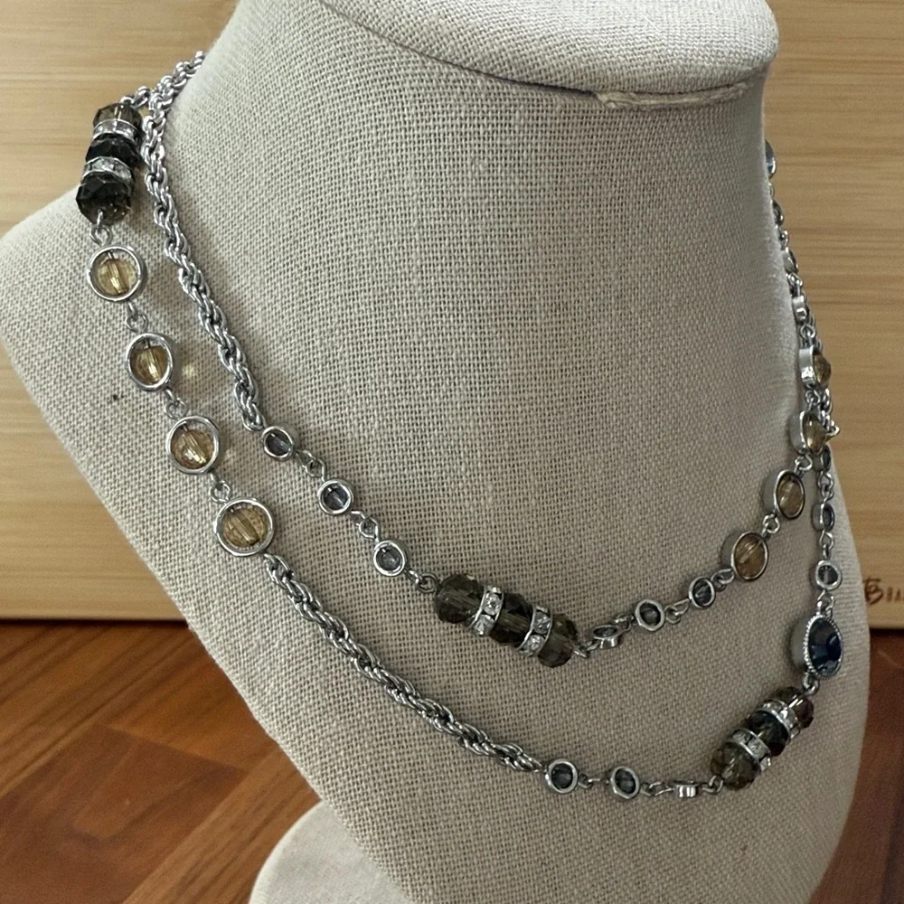 Loft Silver Tone Smoky Blue Gray Brown Beaded Long Drop Necklace Casual earthy